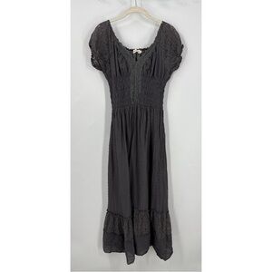 Anna-Kaci Lace Cap Sleeve Lace Trim Ruffle Hem Maxi Gray Lace-Trimmed Dress L